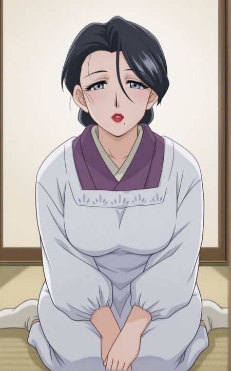 masterpiece, best quality, insaneres, absurdres,wariza, sitting, full body, looking at viewer, indoors, bokeh, negative space, <lora:ILLUSTXL_MistreatedBride_SumieTakayanagi_ownwaifu:1>, BREAK WhiteApron_SumieTakayanagi_ownwaifu, 1girl, black hair, breasts, grey eyes, japanese clothes, lipstick, makeup, mature female, mole under mouth, red lips, white apron, kimono, single hair bun, apron, kappougi, hair between eyes, large breasts,