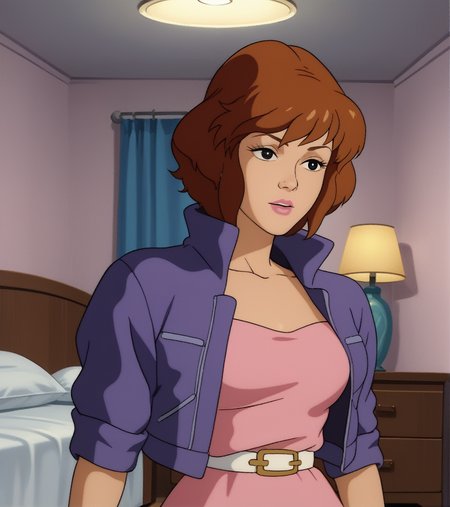 score_9, score_8_up, score_7_up,  
apriloneil, purple jacket, pink dress, indoors, lipstick, sleeves rolled up, inside bedroom, retro_artstyle, cartoon, source_cartoon, lowres, 1990s_(style), <lora:April_ONeil:1>