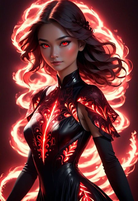 a woman in a black dress with red light on her face, glowing red, red and cinematic lighting, red glowing skin, red glow, cinematic red lighting, darkness aura red light, 3 d neon art of a womens body, red neon, red on black, detailed red lighting, with glowing red eyes, red lighting, dark glowing red aura
