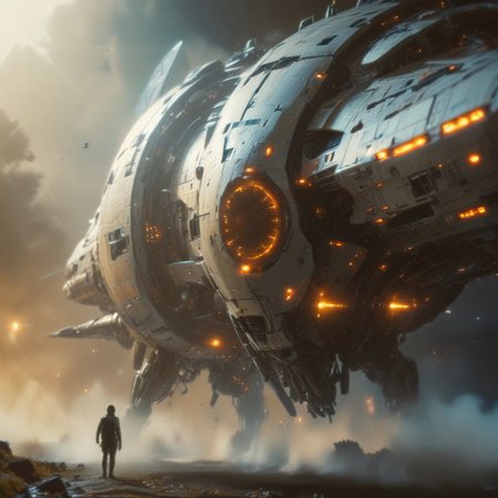 ((extreme-wide angle establishing shot, rack focus)), giving a lengthwise view of the outside hull of a ginormous+angular+futuristic spaceship, hundreds of metalloid robots cling to the outer hull's board-like flat surface, their thin limbs and segmented thoraxes give them the appearance of oversized chrome mosquitoes, set against the backdrop of deep space, detailxl, cinematic film still, professional-quality, color graded, film grain, captured on panavision millennium  XL2, high-budget production, volumetric lighting style,