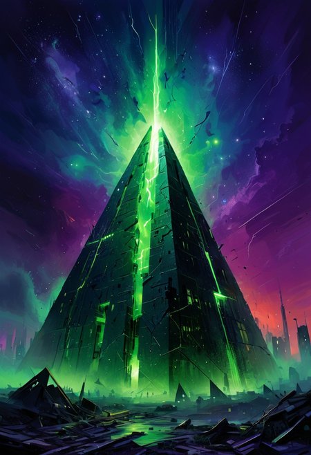 Galaxy pyramid city, Necron, (pyramid),  electricity, green theme, green moon, starry sky, space,
Abstract illustration, surreal fractured landscape, twilight sky with deep indigo to electric bright green gradient, towering geometric shapes resembling shattered glass and steel beams, inner light glowing within structures, dark polished surface reflecting light, ethereal swirling fog in muted purples and blues, vibrant golds and reds in the distance, bursts of light and shadow creating dynamic contrast, white beam of light piercing the sky symbolizing memory and hope, abstract expressionism and digital futurism hybrid, bold colors with intense reds, blacks, golds, and silver, light casting long stretched shadows, broad sweeping brushstroke textures enhanced with digital precision, mist swirling at the base of the scene, radiant sky evoking reflection and honor, powerful and dramatic atmosphere, emotional tribute to 9/11 without banality or figures. electricity, green glow, green theme,