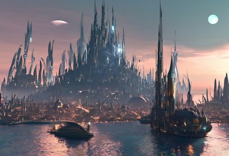 A futuristic alien city on an island in the middle of the ocean.  Moonlight from two moons. Towering spires, crashing waves, merchant ships sailing, busy port bustling with activity
,<lora:aidma-Image Upgrader-v0.1:0.15>,
t1ng, traditional media, abstract, texture