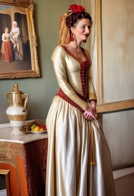 breasts shot,( life-like skin texture:1.5), realistic skin, (18th century:1.5), Europe, (victorian times), beautiful and mature, Tall, Strong, perfect face, Experienced middle-aged Empress, tradition ethnic Black royal clothes, covered hair, expensive fabric, photorealistic, realistic, extreme realism, (masterpiece, photorealistic), dappled sunlight, studio lighting, imperfections skin, probes, (photorealistic:1.6), <lora:add_detail:0.8>, medieval queen, royal banquets, female guards, include masques (a form of courtly entertainment with dancing, acting, and elaborate costumes), feasts, and balls. Gowns and Kirtles: Women wore long, flowing gowns made of luxurious silk, dressed sexy and attractive, (Empire waists:1.5), (white hair:1.5),( red lips:1.5),( subtle evil smile:1.5), white teeth
2girls,
(50 years old:1.5), 
1boy,
slave boy,
milfs,
moms,
(busty:1.3), 
(Horny:1.3), 
orgasm face, 
grannies, 
married, 
cheating, 
Mistress, 
French Queen medieval,
Empress, 
(determined look:1.5), 
(brave:1.5),
dominant presence, 
orgasm face, 
shocked, 
traditional 1650 royal outfit,
Powerful women, 
long legs, 
exposed legs, 
sexy legs, 
bustle dress, 1woman, loose pants, harem_pants, see-through, silk, tight-fitting shirt, impossible shirt, large breasts, long hair, loose_scarf, head_scarf, jewelry, , giga_busty