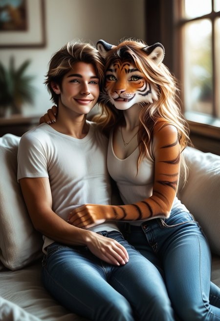 score_9, score_8_up, score_7_up, highres, couple, hetero, (1girl, 1man), furry tiger girl laughing with handsome human male,  (realistic:1.8), ultra high quality, masterpiece, perfection, expressive, couple,  1furry girl, 1 human male,
BREAK
 (cute anthro tiger), detailed fur, soft and realistic textures, (striped fur pattern:1.2), orange fur with black stripes, white muzzle, fluffy tail, expressive face, bright eyes, playful smile, small fangs visible, whiskers, youthful appearance,  
BREAK
human, male adult, handsome, arm behind her neck, casual outfit, jeans, t-shirt, friendly demeanor, natural facial expression,  
BREAK,
indoor, cozy living room, warm and relaxed atmosphere, soft ambient lighting, plush sofa, cushions, coffee table, subtle decorative elements,  
BREAK, 
pose focus, small tiger girl sitting next to the human, both laughing together, tiger girl holding her belly while giggling, human leaning back slightly with a wide smile, natural and carefree interaction, joyful body language,  
BREAK,
high detail, realistic shading, fur detailing, natural lighting, depth of field, cinematic quality, heartwarming and playful mood, charming expressions, soft textures