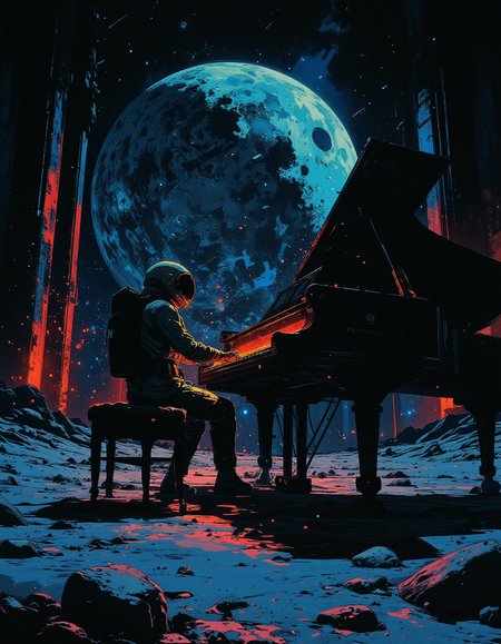 detailed digital illustration of an astronaut in a spacesuit playing a grand piano on the moon's surface. The Earth is prominently featured in the background, glowing with a blue light. The scene is set at night with a starry sky. The astronaut is seated on a piano bench, with the piano keys softly glowing. The camera angle is from the side, showing the astronaut's profile and the entire piano. The lighting is soft, with a blue tint highlighting the astronaut and the piano, highly detailed, vibrant colors, glowing effects, neon, <lora:Luminous_Shadowscape:0.8>, <lora:VividlySurreal:0.6>, <lora:NeonFantasyPrimeFLUX:0.6>
