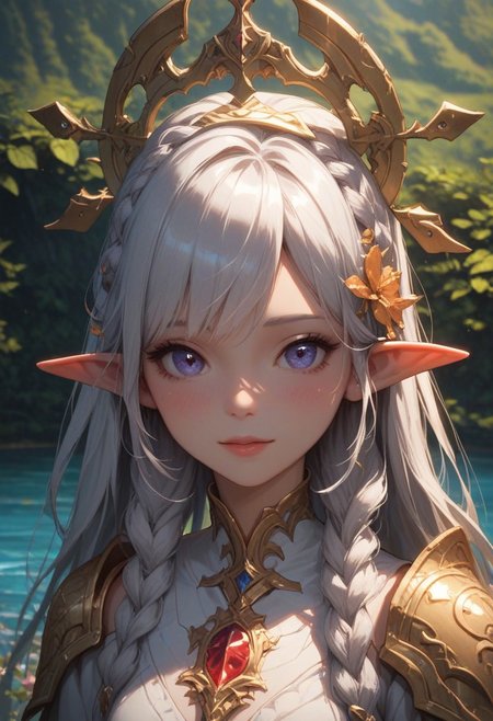 score_9_up, score_8_up, score_7_up, score_6_up, 1girl, solo, 25 years old, perfect face, cute, petite, 
blush, shy smile, portrait, face focus, depth of field, looking at viewer, close up, 
white hair, braids, crown braid, twin braids, hair flower, hair ornament, 
elf ears,
mechanical halo, shoulder armor, white dress, 
scenery, lake, fantasy architecture, DreamArt,