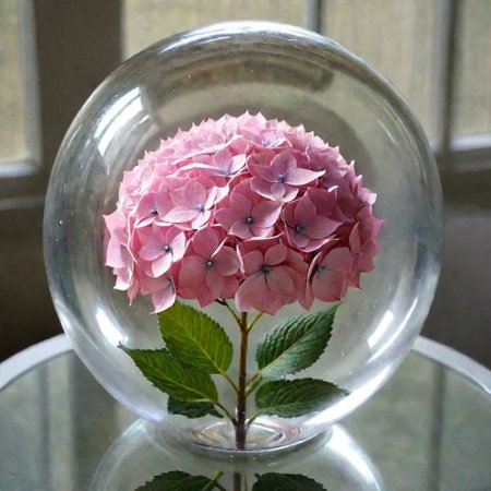 a pink hydrangea in a glass ball