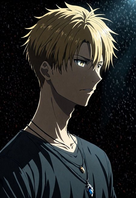 high resolution, solo, best quality, 1Boy, Yamato Ishida, Blond Hair, Necklace, cool, Mysterious black background, Movie lighting, a sense of atmosphere, OverallDetail