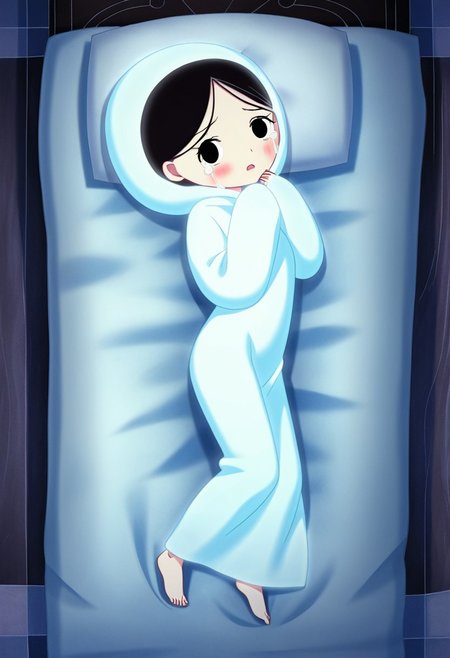 zPDXL3, source_cartoon, Perfect Hands, full body,
1girl, solo, bedroom, looking at viewer, saoirse, black hair, black eyes, blush, ghost, hood up, robe, barefoot, glowing, lying on bed, from above, lying on side, facing at viewer, feeling cold, eyes open, crying sadly, open mouth, sleeve past wrist, slim body, long body, highlight cloth wrinkle, anime style,
<lora:Perfect Hands:1>  <lora:Saoirse_-_The_Song_of_the_Sea-000009:1>
