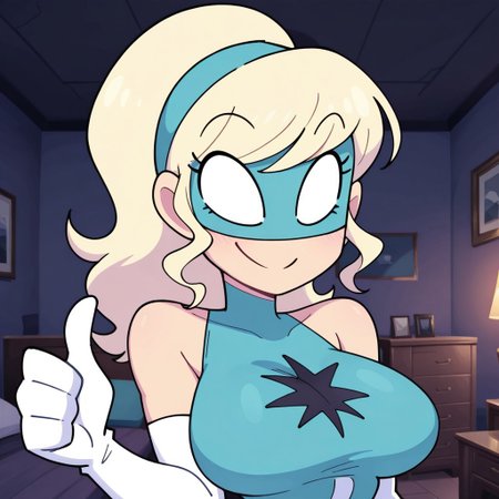 smshgirl, no pupils, blonde hair, bangs, hairband,large breasts, domino mask, blue leotard, white elbow gloves,smile,closed mouth,thumbs up,looking at viewer,upper body portrait,indoors,dark bedroom