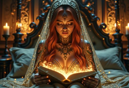 , hkmagic detailed wide shot, low angle, wide shot, a celtic princesse of extraordinary beauty her body covered by celtic runes mad-arcnsmbls tatoos glowing with power and magic, lying on a luxury fantasy bed in a room illuminated by candles, her body visible through a transparent golden veil covering the baldaquin bed, the bed culumns are spiraling sculppted dragon made of ivory and dark wood, red hair, naked,, mist, ciaroscuro, 8k cinematic shot,  Intricate, High Detail, Sharp focus, dramatic, colorful details, intricate details,hyper realistic, ultra detailed,  volumetric lighting, 8k post-production, Chiaroscuro Lighting Style