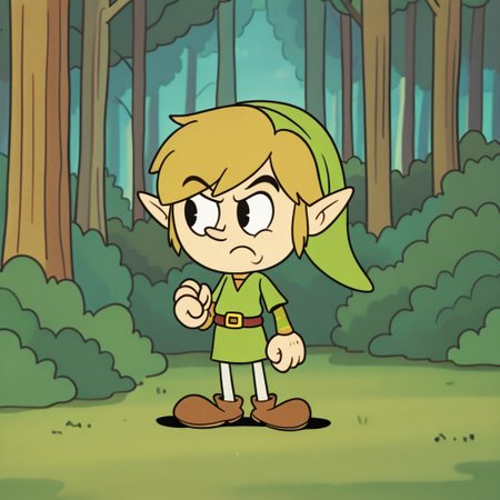 RetroXL,,, toon \(style\), flat color, black eyes, 
Link with green brown yellow-gold and silver color palette, forest