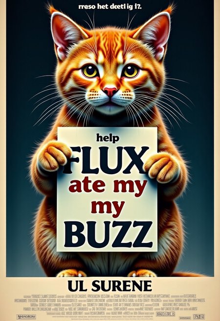a realistic picture,((((Display the text " help flux ate my buzz??" on top a movie poster)))) 
Movie poster of very buff Cat holding poster,, text on a poster "FLUX ATE MY BUZZ" ))8k, ultra detailed, 
BREAK,   <lora:cashbaba:0.6>  <lora:xl_more_art-full_v1:0.5> I  background:  logo:1.9 <lora:Harrlogos_v2.0:1.9>, (full body shots),u ))8k, ultra detailed, 
BREAK,  <lora:cashbaba:0.6>  <lora:xl_more_art-full_v1:0.5> I  background:  logo:1.9 <lora:Harrlogos_v2.0:1.9>, (full body shots),