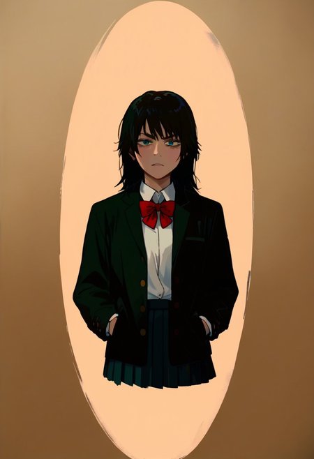 score_9, score_8_up, score_7_up, source_anime, anime screencap, cinematic film still of <lora:Kill Bill style:1> Cinematic film image of Gogo Yubari a woman in a skirt and jacket,1girl,solo,long hair,looking at viewer,bangs,skirt,shirt,black hair,long sleeves,,school uniform,white shirt,pleated skirt, white socks,red bowtie, Kodak film grain, dramatic light, dramatic shadow light, contrast, saturated color, cinematic, filmic, motion picture, realistic, realism, perfection, perfect, deep focus, clean image, Kill Bill style, Kill Bill Film Style, shallow depth of field, vignette, highly detailed, high budget, bokeh, cinemascope, moody, epic, gorgeous, film grain, grainy, (cowboy shoot:1.3), hands in pocket, black jacket
