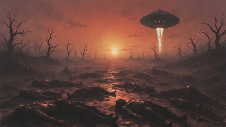 post apocalyptic wasteland scene, at sunset, (vaporwave aesthetic:1.3) <lora:Desolation:0.5> (UFO launching a light ray:1.2)