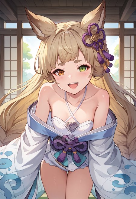 score_9, score_7_up, hd, (ultra hd quality details), source_anime, indoors,
solo, 1girl, gbfpholia, erune, brown eyes, green eyes, heterochromia,
phlyuk, very long hair, animal ears, hair ornament, kimono, collarbone, bare shoulders, wide sleeves, bloomers, thighs,
looking at viewer, blush, smile, upper teeth only, 
leaning forward, 
<lora:_pholia_gbf-elesico-ponyC:1>