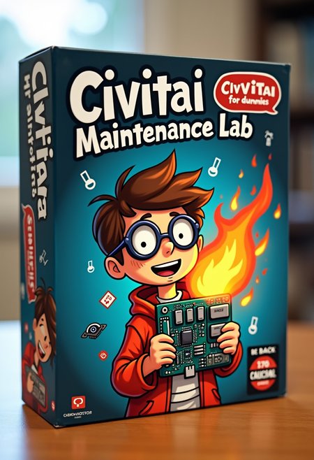 "Civitai Maintenance Lab"
The box features a nerd kid with round glasses holding a burning motherboard, sticker says 'Fix CIVITAI for dummies" The packaging is decorated with computer symbols  while a warning in the corner mentions "BE BACK SOONER OR LATER"