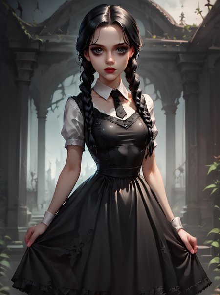score_9, score_8_up, score_7_up, source_anime BREAK  <lora:Wednesday_v2:0.8>,
wednesday,
, 1girl, solo, twin braids, braid, black hair, looking at viewer, dress,