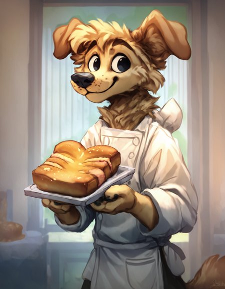 source_furry , 
furry golden retriever, wearing a chef's clothing, holding a freshly baked bread with a white towel, closed, eyes, smiling, smelling the fresh bread, (bread:1.5), loaf of bread, loaf, 
 <lora:Jacato_Style_Pony:0.8> <lora:Jacato_-_Art_Style:0.5> Jacato, score_9, score_8_up, score_7_up, score_6_up, score_5_up,