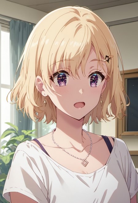 score_9, score_8_up, score_7_up, source_anime,ayase saki, blonde hair, purple eyes, 1girl, solo, hair ornament, necklace, indoors, hairclip, shirt, jewelry, open mouth, collarbone, white shirt, short hair