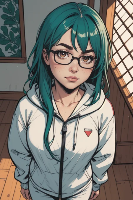 1girl, solo, glasses, looking at viewer, green hair, long hair, indoors, brown eyes, hood, lips, zipper, mole, closed mouth, standing, pants, black-framed eyewear, hoodie, arms at sides, jacket, long sleeves, window, mole under eye, white hoodie, zipper pull tab, semi-rimless eyewear, blush, eyelashes, breasts, hood down, white pants, thick eyebrows, white jacket, collarbone, cowboy shot, wooden floor, medium breasts, freckles, over-rim eyewear, from above, sunlight, hooded jacket, rectangular eyewear, mole on cheek, hallway, pink lips, <lora:Expressive_H:0.5>, score_9, score_8_up, score_8_up, a_Comic_Illustration, rough lines with ink, (drawn:1.1), (sketch:1.5), (crosshatching:1.25), (comic style:1.1), graphic novel style, sharp lines, hires, zstyle, (western comics \(style\):1.1), (hatching \(texture\):1.2), zPDXL, Mr_Monster_Possitive, beautiful detailed eyes, extreme details eyes,  perfect anatomy,, .