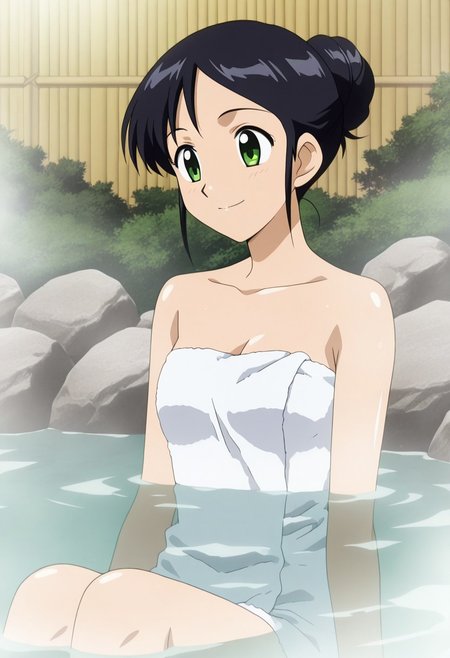 1girl, source anime, anime screencap,Yuukianime, black hair,  single hair bun, short hair, sitting , onsen, partially submerged, green eyes, smile, outdoors, towel, bare shoulders