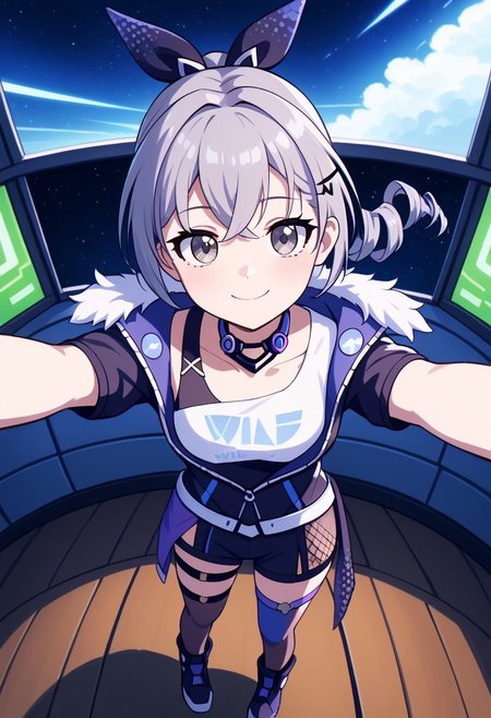 score_9, score_8_up, score_7_up, masterpiece, best quality, absurdres, vibrant, highly detailed, super cute and adorable, fluffy, from above, three-quarter front view, 
BREAK 
1girl, solo, silver wolf \(honkai: star rail\), drill hair, grey eyes, grey hair, light blush, long hair, reaching towards viewer, happy, opened eyes, closed mouth, :3,
BREAK 
indoors, space base, outer space,