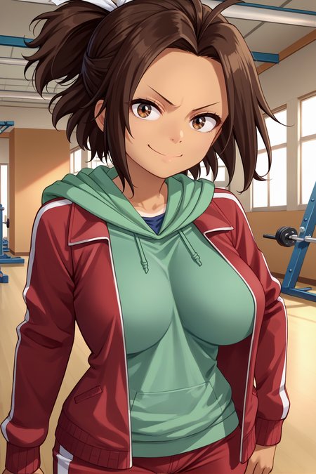 score_9, score_8_up, score_7_up, score_6_up, source_anime, 1girl, solo <lora:hikarihazakura-pdxl-nvwls-v1-000006:1> hazakura, brown hair, short ponytail, short hair, brown eyes, tan, hair ribbon, red jacket, green hoodie, track pants, red pants, large breasts, looking at you, smirk, happy, closed mouth, upper body, gym