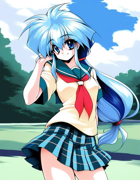 score_9, score_8_up, score_7_up, source_anime, rating_explicit, BREAK  <lora:Ryuho_QOD_XL:1> Ryuho_QOD, light blue hair,  blue eyes,  long hair, small breasts,  two-tone hair,  1990s \(style\), low ponytail,
school uniform, checked skirt, 
outdoor, sky,
smile,
looking at viewer, 
cowboyShot,