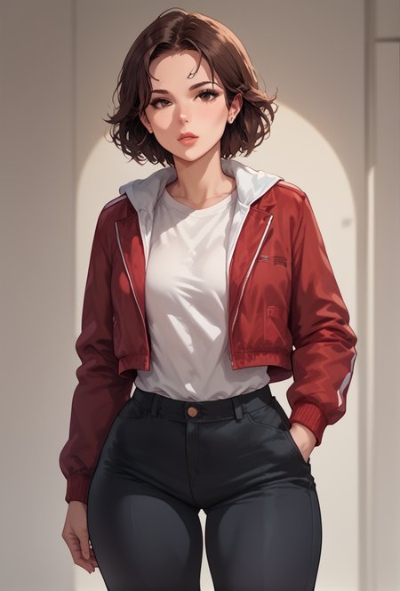 a cartoon picture of Madison russell in brown short hair, superflat, red jacket, curvy, wide hips,
superflat, a detailed drawing,jacket,white shirt, <lora:Madison_russell:0.7>,score_9, score_8_up, score_7_up, score_6_up,source, <lora:cartoonstv02XLP:0.6>, fit, solo, curvy, suit, bedroom