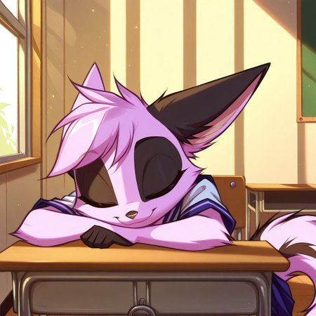 Dreamkeepers,1girl,Prelude_Vi,solo,furry,tail,source_furry,hazel eyes,masterpiece, 
kid, child, 
school_uniform, indoors, classroom, head_on_desk, sleeping, peaceful, closed_eyes, soft_smile, afternoon_sunlight, warm_lighting, empty_classroom, relaxed_pose, soft_focus, detailed_background