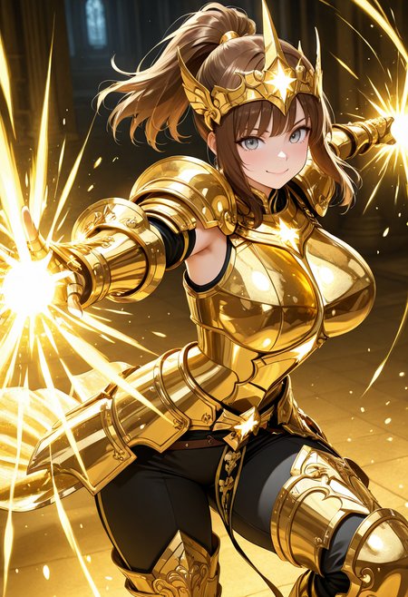 masterpiece,best quality,amazing quality, very aesthetic, ((outlined outlined vector graphics)), cute face, (glow eyes:0.5) ,  from front,  looking at viewer ,detailed background,
1girl,
20yo, brown hair, gray eyes, (large breast:1.1), (ponytail:1.1), medium hair,(curvy:1.1),bangs,
,solo,cute face,
happy   ,  gold armor, golden-mythril-armor , headwear , glowing, glittering , fantasy, glimmering , pants , action pose, clothed <lora:golden-mythril-armor-il-01:0.8>