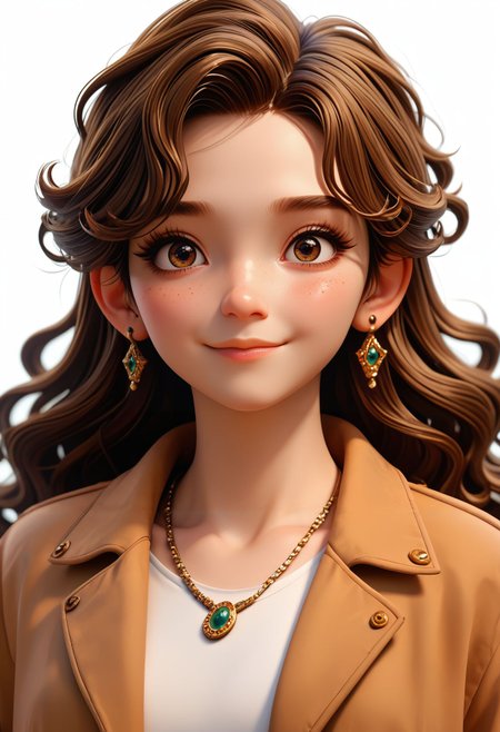 score_9,score_8_up,score_7_up,  <lora:3d_render_pdxl_goofy:1>3d render,3d render, 1girl, brown hair, jewelry, brown eyes, looking at viewer, earrings, white background, necklace, simple background, portrait, smile, long hair, freckles, lips, jacket, wavy hair, closed mouth, shirt, eyelashes