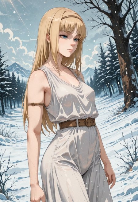 score_9, score_8_up, score_7_up,source_anime, high res image, masterpiece, best quality, masterpiece, newest, absurdres, best quality, hires, 
BREAK 1girl, solo, ymirfritz , blonde hair, bangs,blue eyes,mature female,brown hairband, expressionless,  small breasts
white dress,sleevless,armlet
dynamic pose, standing, looking around, posing
outdoors, snow land, snowing, ice, freezing, meadow, snow forest, the ice glitters silvery, day, cloudy
cinematic angle, detailed background, beautiful background, (rays light:1.0),(grow:1.0), light particles