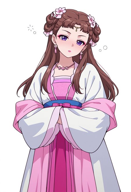 Smooth Quality,masterpiece,very intricate, high quality details, ultra realistic, high detailed skin,detailed enviorement,absurdres,
partially undressed, 
 <lora:Lishu_CNR:0.8> lishu_cnr,brown hair, long hair, purple eyes, makeup, lipstick, lishu_pink_cnr,hanfu, dress, long sleeves, sash, shawl, circlet, flower earrings, necklace,hair flower, hair rings, hair bun,, simple background, white background, front view,
standing, arms crossed, head tilt, serious, balanced stance, confident,  ,drunk,