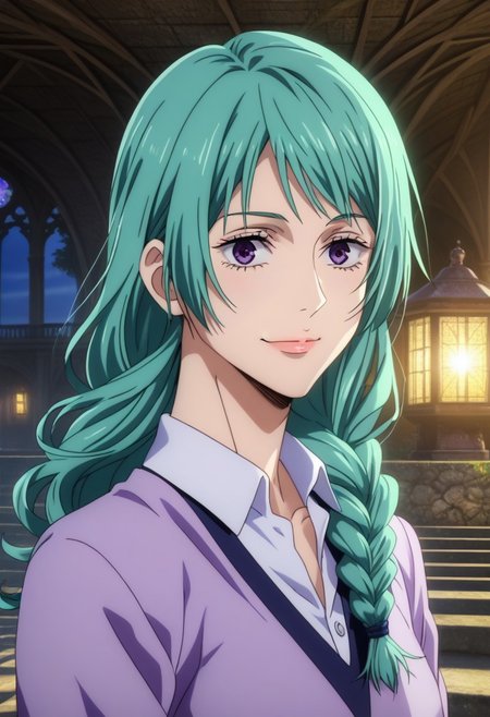 score_9, score_8_up, score_7_up, source_anime, intricate details, anime screencap, perfect balance, official art, extremely detailed CG unity 8k wallpaper, perfect lighting, Colorful, Warm_Front_face_Lighting, (masterpiece:1.0),(best_quality:1.0), ultra high res,4K,ultra-detailed, photography, 8K, HDR, highres, absurdres:1.2, Kodak portra 400, blurry background, bokeh, lens flare, (Anime) (vibrant_color:1.2), professional photograph, night, (good_face:1.2), 2d, anime, upper body, intricate iris, American, 1960s, 1970s, Professional character design, 1girl, female focus, (vibrant amethyst purple eyes), perfect eyes, (bright green-teal hair), (Long Silky smooth hair), (pretty hair), (beautiful hair), (wavy bangs), braided hair, preppy, white dress shirt, youthful, feminine, sultry, solo, jujutsu_kaisen_style, character portrait, (perfect-lighting, lens flare), face, torso, (Charming) (Beautiful) (Elegant) (Sophisticated smile), feminine, young, (Wealthy, manor, extravagant, ornate embellishments, coastal, shore, cliff), warm sunlight, daylight, (sunlight), (warm lighting), comfortable lighting. turquoise hair, vibrant purple eyes, amethyst eyes, slimes_mjur, wavy hair