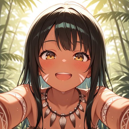 masterpiece, best quality, 32k, high resolution, absurdres, tribal, 1girl, solo, POV, looking at viewer, blush, smile, open mouth, upper teeth only