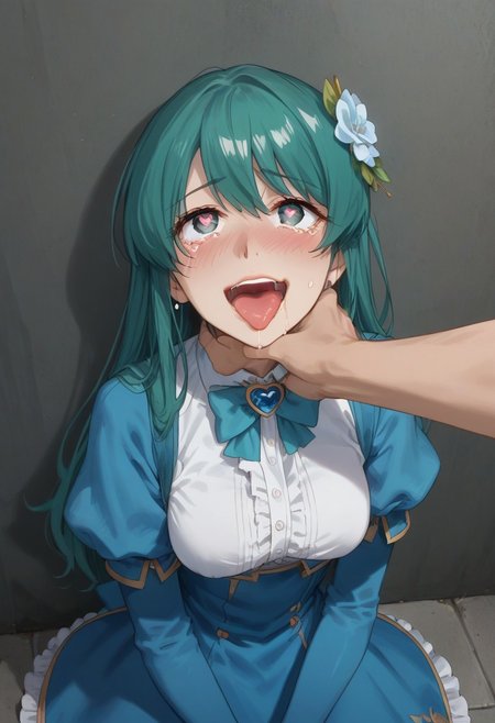 score_9, score_8_up, score_7_up, source_anime, masterpiece, 4k, high quality, (best quality:1.1), minakami, green_hair, long_hair, red_eyes, blue_gloves, elbow_gloves, long_sleeves, blue_dress, hair_ornament, blue_bowtie, jewelry, thigh_boots, blue_footwear, dark ally, against wall, above view,shadow over face, scared smile, wide eyes, cowering, heavy breathing, hot breath, night, low light, street lights, looking at viewer, pov, chin grab,, , heart shaped pupils, tears, drooling, [:heart1shape-eye:0.5], viewer grabbing throat, monster hand, chocking, eyes rolling back, eye roll, open mouth tongue,