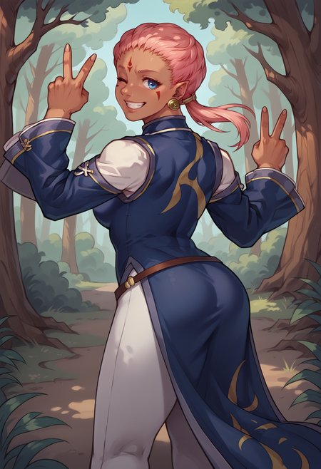 score_9, score_8_up, score_7_up, 1girl, cowboy shot, from behind, looking back, grin, wink, peace sign, <lora:EnaFE-pdxl:1> defEna, dark-skinned female, pink hair, low ponytail, forehead mark, facial mark, blue eyes, pointy ears, earrings, china dress, long sleeves, shoulder cutout, belt, white pants, medium breasts, forest