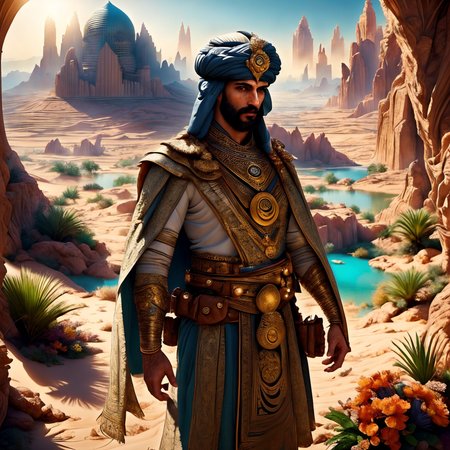 RAW photo, (masterpiece:1.3), subsurface scattering, heavy shadow, (high quality:1.4), (intricate, high detail:1.2), professional photography, HDR, High Dynamic Range, realistic, ultra realistic, photorealistic, high resolution, film photography, ambient lighting, atmospheric effects, <lora:detail_slider_v4:2>, OverallDetail,  arar, a man wearing arabian armor, cape, turban, in an oasis, <lora:Oasis:1>, day, flower, mountain, water, outdoors, palm tree, reflection, rock, scenery, shadow, sky, tree, water, <lora:ArabianArmor:1>