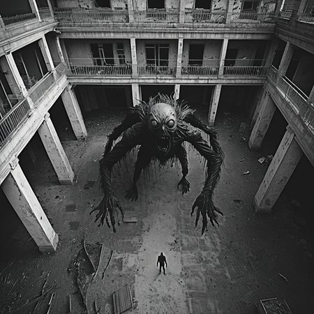 horrorcctvlora, abandoned building, horror (theme), monster, zombie, monochrome, bird view