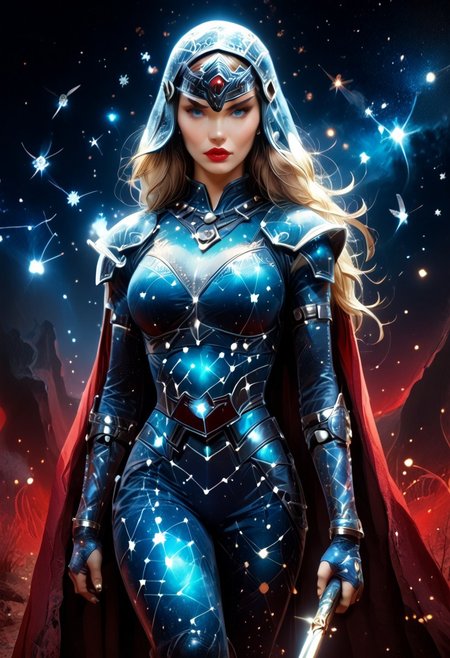 starry_morph, MILF, 32 years old, blonde hair, black leather vampire cape, sloppy wavy hair, sexy red boots, revealing outfit, red lips, mascara, eyelashes, hourglass figure, strong, big blue eyes, seductive, mature female, m1lfm3t3r, anezaki mamori, masterpiece, highest quality, realistic skin texture:1.5, high, tear shaped boobs, drow ranger, drow ranger \(dota2\), Masterpiece, 32k, photorealistic:1.4, score_9, score_8_up, score_7_up, huge boobs, small waist, wide hips, high cheekbones, oval face, slim waist, wide hips, thick thighs, full hips, DARK SIDE \(PICTURE BOOK\), NO FACE, colorful background, vivid colors, volumetric light, cinematic light, extremely detailed, bgbrda, top, bodysuit, helmet, armlet, bracelet, gloves, chainmail, skirt, boots, holding weapon, holding rod.