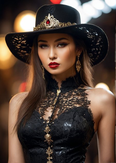 a captivating masterpiece of a woman, (((dressed in a western outfit, hat))), ((upper body)), face, The intricate lace and gold details exude a very rebellious aura. ((The use of high-shine gloss adds a touch of glamour to the look)), ((while the deep red and black hues give it a dramatic vibe)), background is a street in New York, blurred background, studio ligthing, facing camera, shallow depth of field, (art by luis royo:1.2), <lora:MS_Aika_Yumeno_V2_SDXL:0.8>