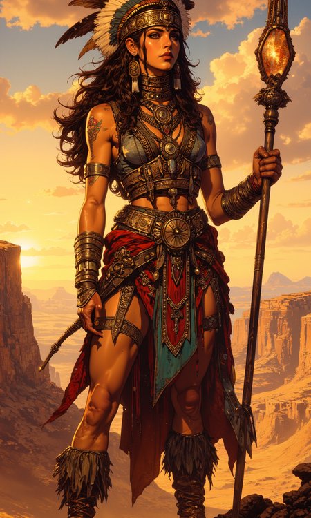Tribal warrior queen, adorned in intricate beadwork and feathers, standing atop a sun-baked cliff. Elaborate headdress with iridescent feathers and carved bone ornaments. Vibrant body paint in earthy tones, blending seamlessly with sun-weathered skin. Multiple layered necklaces of polished stones and animal teeth. Leather wrap skirt with fringe detailing. Muscular arms bearing spiral gold armbands. Clutching a ceremonial staff topped with a glowing crystal. Backlit by a dramatic sunset, casting a golden aura. Hyper-realistic detail, 8K resolution, dramatic lighting, National Geographic style. <lora:RetroAnimeFluxV1:0.4> <lora:Vintage comic book:0.7> <lora:MoriiMee_Gothic_Niji_Style_FLUX:1.0> <lora:flux_dev:1>