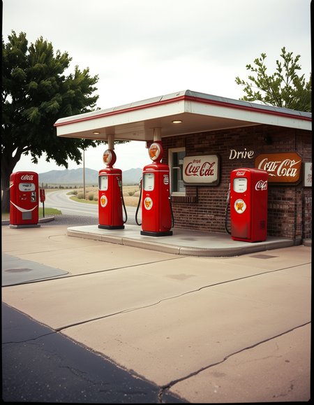 A realistic vintage photograph of a 1950s American gas station with no people present. The small brick building has a flat roof with a wide canopy extending over two classic red gas pumps from the 1950s, featuring chrome details, round meters, spiral hoses, and retro branding like "Texaco" or "Shell".The ground is old concrete with cracks and oil stains. Beside the station, there's a vintage Coca-Cola vending machine and a hand-painted wall sign that reads âDrive Safely!â. The sky is lightly overcast, casting soft shadows and a nostalgic mood. In the background, leafy trees, distant low hills, and an empty country road stretch into the distance. The photo has a slightly faded, desaturated color palette with warm vintage tones and a subtle grain, mimicking the look of 1950s Kodak film photography. The overall atmosphere is calm, quiet, and deeply nostalgic.
<lora:SDXLFaeTastic2400:0.4> <lora:extremely_detailed:0.4> extremely detailed, <lora:1950s_American_gas_st4t10n:1>,1950s American gas st4t10n, Masterpiece,best quality,hi res,8k,hi res,8k,award winning,(sharp focus, intricate, highly detailed),