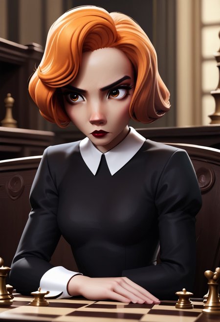 score 9, score 8, score 7, score 6, 1
girl, solo, bethh, upper body, sitting on a chair, sitting at a desk, looking a chess board on the table, focused, staring, black dress, collared dress, bethhb, orange hair, orange eyes, makeup, lipstick, lips, hands on table, looking down
tavern background, 
small breasts, zPDXL, from the side,