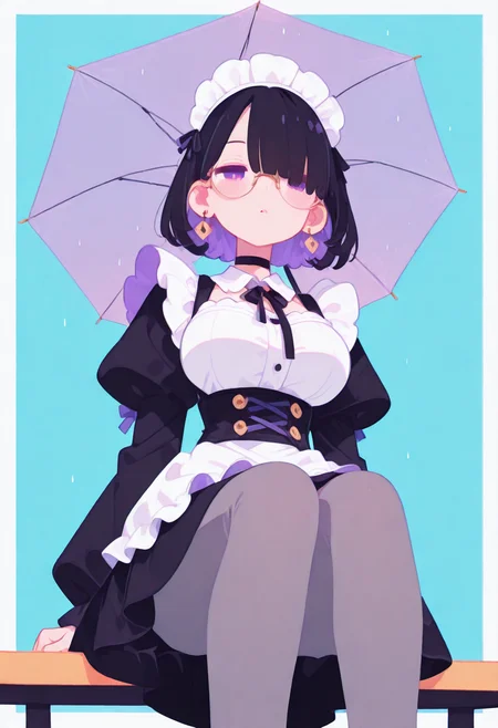 masterpiece, best quality, good quality, very aesthetic, absurdres, newest, 8K, viewed from below, legs focus, legs awe, BREAK 
side portrait of stunning girl sitting, bangs, black hair, bobcut hair, purple eyes, choker, hair over one eye, (rimless big round glasses), large breasts, earrings, ear pierces, ultra detailed decorative victorian gossamer clothes, very short tight black maid dress, maid apron, multi colored hair, grey tights, black pumps, simple pastel aqua background with thick white border, holding transparent umbrella, directional lighting, BREAK half closed eyes, blushing, unfocused eyes, slightly parted lips, distant gaze, emotionless look,face visible through umbrella,
ultra-realistic, Flatline, Flat vector illustration, haiz_ai, no lineart, no outline,
heavy-rain, rain,
pplegss,
<lora:haiz_ai_illu:0.8> <lora:flatline:1.65> <lora:ponyv6_noobE11_2_adamW:0.25>  <lora:Slider-LimbWidth:1.5> <lora:Slider-LegLength:-1.5> <lora:v0.04_Concept_pony:0.2>