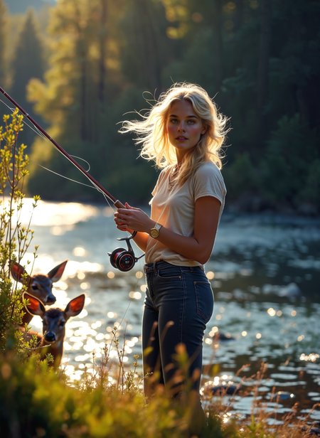 Photograph of a young woman standing on the shore of a lake, holding a fishing rod in her right hand. She is wearing a green tank top and blue jeans, and her blonde hair is blowing in the wind. In the background, there is a deer standing in the water, and the lake is surrounded by trees and bushes. The sky is blue and the sun is shining, creating a warm glow on the scene. The overall mood of the image is peaceful and serene. <lora:add-detail-xl:.5>  <lora:Flux-style-xl-lora:.5>