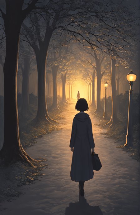 <lora:add-detail-xl:1>,<lora:g0th1cPXL:0.3>,<lora:Hyperdetailed_Colored_Pencil:0.5>,sad,1girl,Night has fallen, casting a dim and tranquil light. Two figures are strolling side - by - side along a pathway. One person affectionately has their arm around the other, suggesting a close bond and companionship. The surrounding trees stand silently, creating a natural enclosure. In the distance, streetlights glow faintly, adding a touch of warmth to the nocturnal scene. Other people can be vaguely seen, further emphasizing the peaceful and ordinary yet endearing nature of this moment.