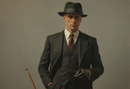 1920s mobster holding a club while wearing a 3 piece black suit and Black Bowler Derby Hat Short Rolled Brim Fedora Hat,  Vibrant (George Tooker) and (Simon Stalenhag) and (Holly Andres) book cover style.
Title: "The Closer".
Life-like details.
Cinematic. Dramatic. Dynamic. 
Pristine Aesthetic.
Enigmatic.
Emotionally Moving.
Moody.
Extremely refined lines and and shapes.
Extremely refined details on objects.
Sharp details.
Complementary colors.
Many details everywhere. Ray-Tracing. Anti-Aliasing. Realistic soft shadows. Low saturation colors. Insane quality. Insane resolution. Insane details. Masterpiece. 32k resolution.